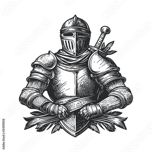 Vintage Woodcut of Knight in Armor Holding Sword and Shield