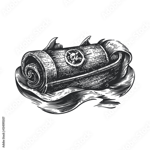 Intricate Woodcut Style Pirate Treasure Chest Surrounded by Waves