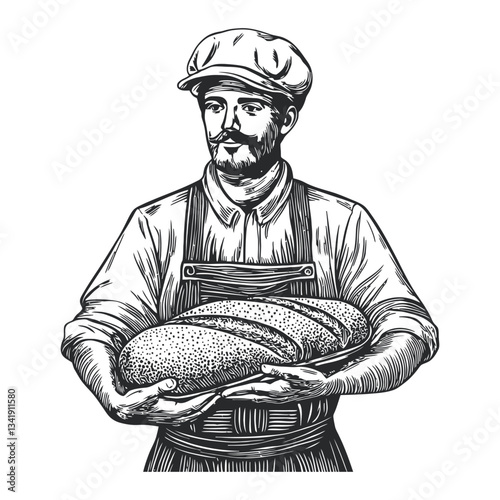 Vintage Woodcut Illustration of Baker Holding Fresh Bread Loaf