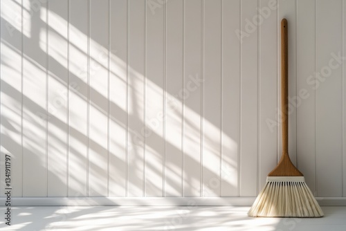 Dustpan and broom leaned against a white wall in a bright space Generative AI