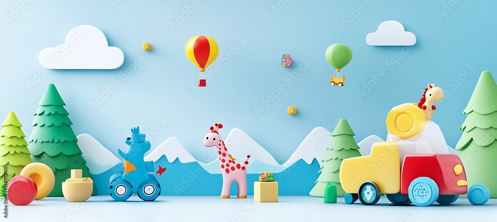 Naklejka premium A colorful children’s toy store banner with playful illustrations and room for product