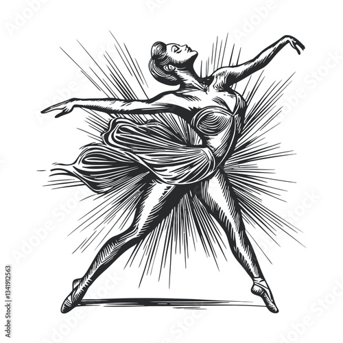 Elegant Dancer in Woodcut Style with Dynamic Burst Background