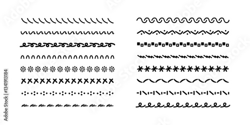 Ornamental wavy zigzag lines. Black, varied, emphasizes, abstract elements in line. Geometric decor element, divider, separator and graphic element. Vector icons set isolated on white background.