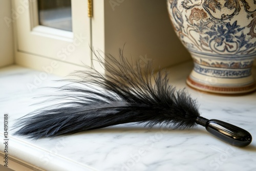 Feather duster resting on white marble countertop near decorative vase Generative AI