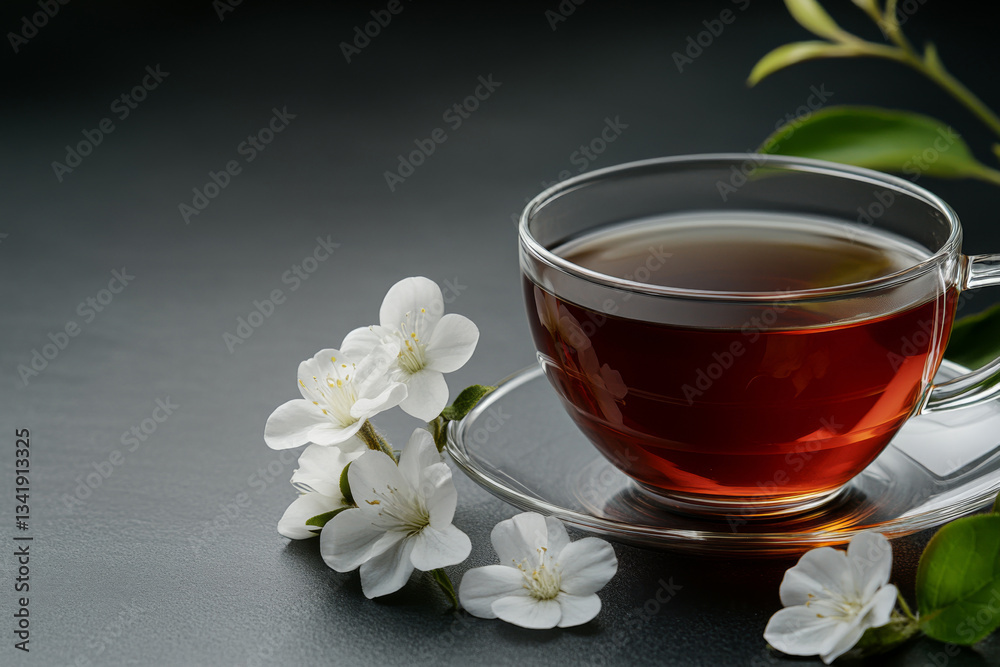 Glass Cup of Black Tea with White Blossoms on Table. Tranquility and Natural Beauty in Minimalist Design Glass Cup of Black Tea with White Blossoms on Table. Tranquility and Natural Beauty in Minimalist Design