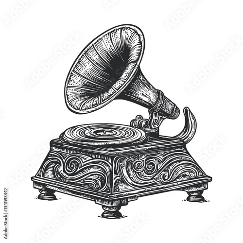 Vintage Woodcut Illustration of a Classic Gramophone Record Player