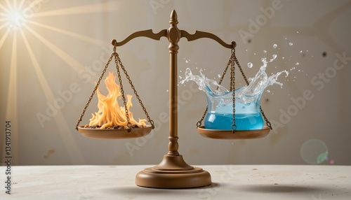 Symbolic scales of morality balancing fire and water in natural light