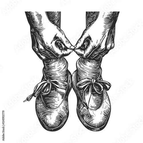 Detailed Woodcut Illustration of Hands Tying Ballet Shoe Ribbons