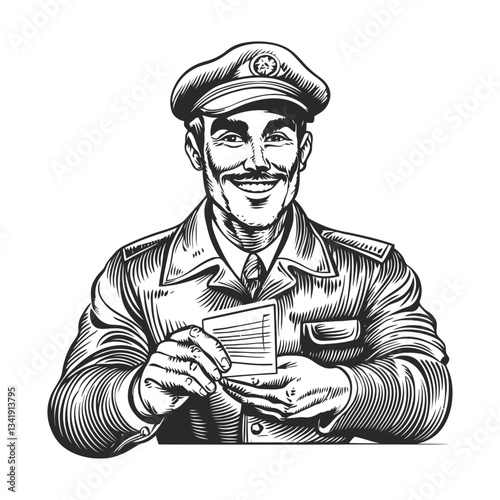 Vintage Woodcut Style Illustration of a Smiling Male Postman