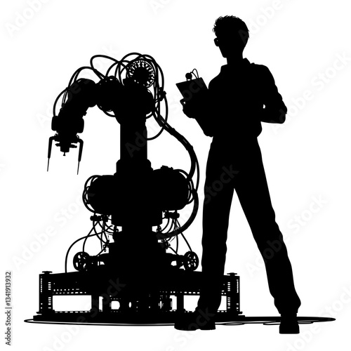 Man controlling robot in detailed silhouette style.