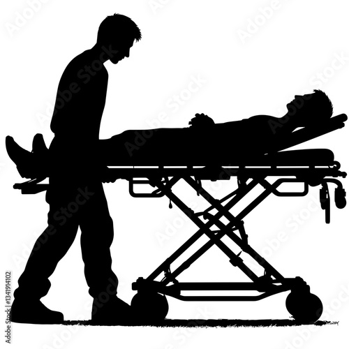 Paramedic pushing gurney with patient lying on it in profile silhouette
