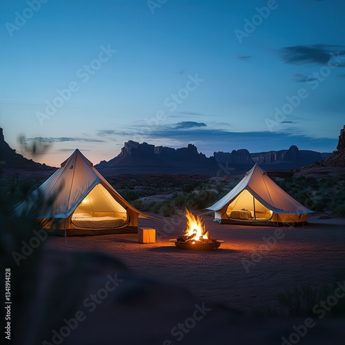 Luxury camping tent resort getaway. Tents by a campfire under a twilight sky in a desert landscape. photo