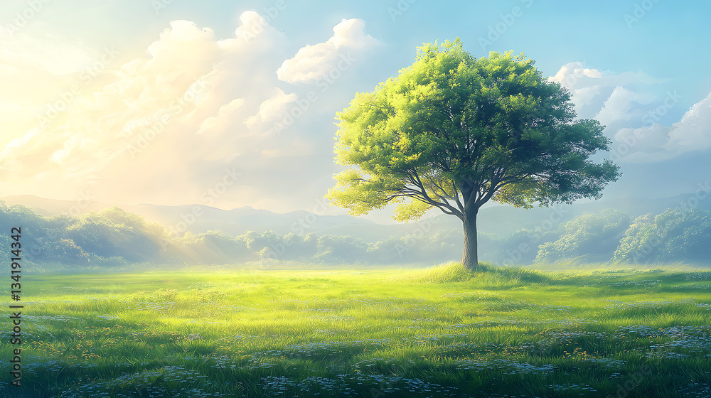 Fototapeta premium single tree in large field of grass