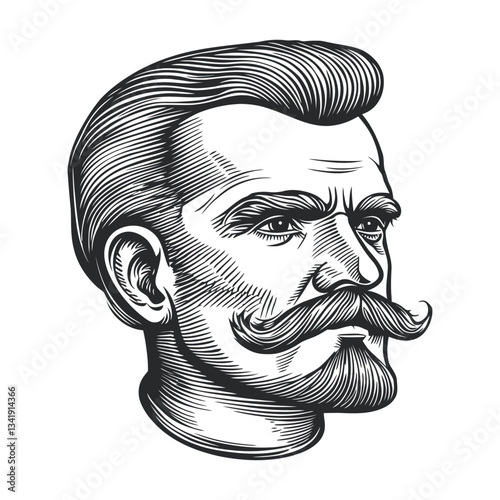 Detailed Woodcut Style Portrait of a Mustached Man in Profile
