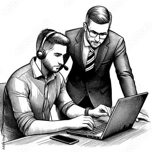 Two men discuss laptop project seriously in office.