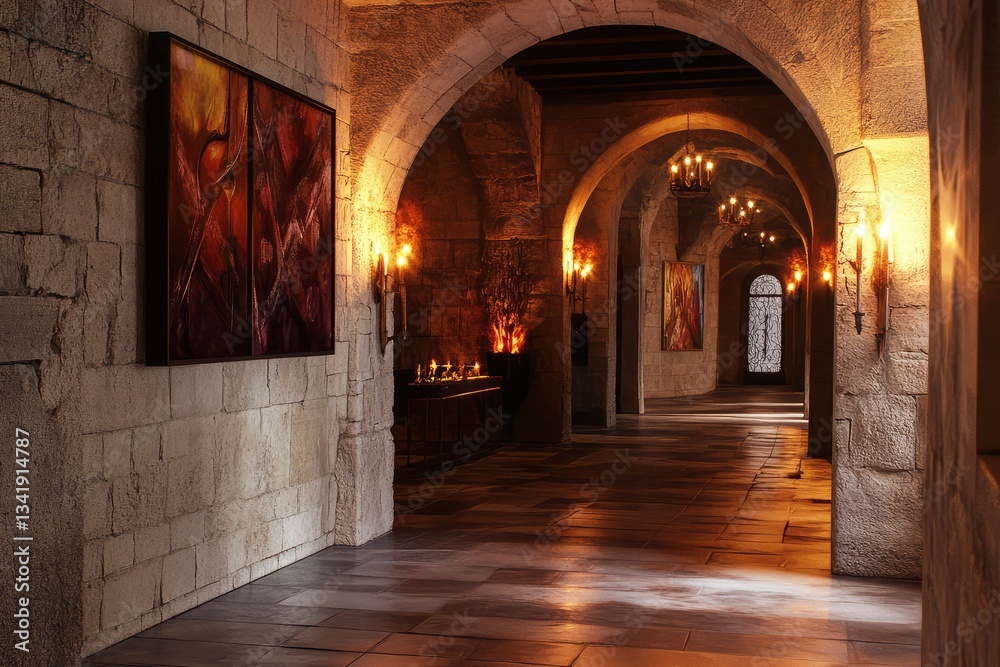 Fototapeta premium Medieval Stone Corridor with Artistic Wall Decor and Candlelight