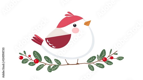 Red Bird Perched on Berry Branch for Christmas