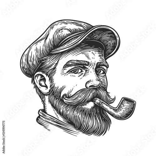 Vintage Woodcut Style Portrait of a Man with a Pipe and Hat