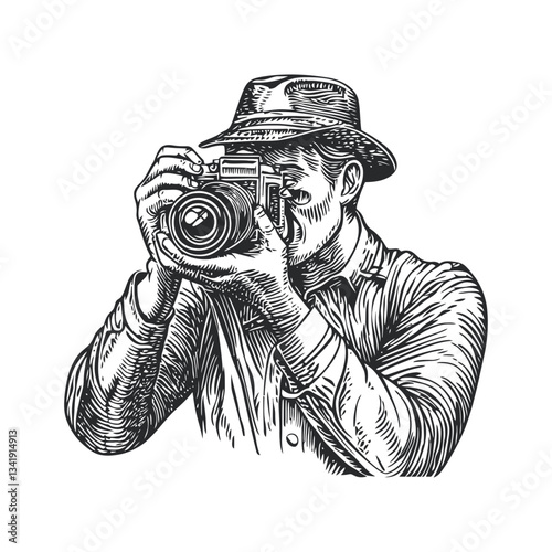 Vintage Woodcut Style Illustration of Photographer Holding Camera