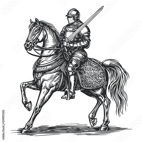 Knight on Horseback with Sword in Vintage Woodcut Style