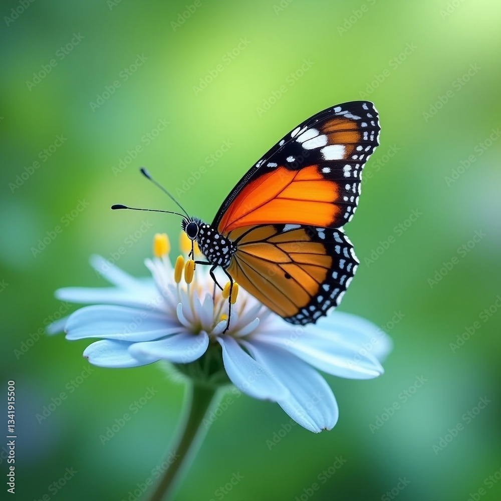 Stunning Orange Butterfly on a Delicate Light Blue Flower in a Vibrant Green Garden Setting Stunning Orange Butterfly on a Delicate Light Blue Flower in a Vibrant Green Garden Setting