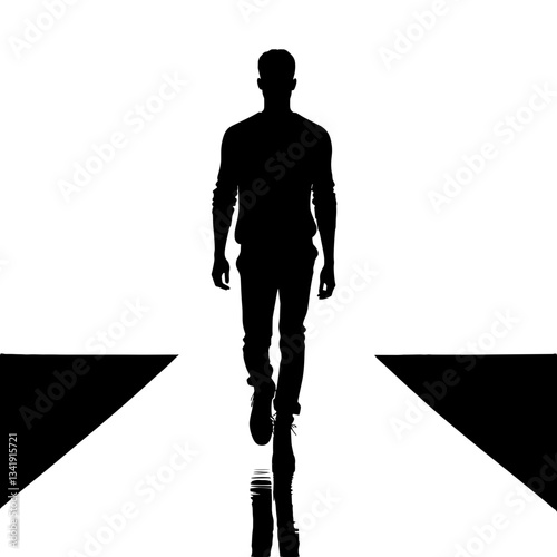 Silhouette Man Walking On Reflective White Floor