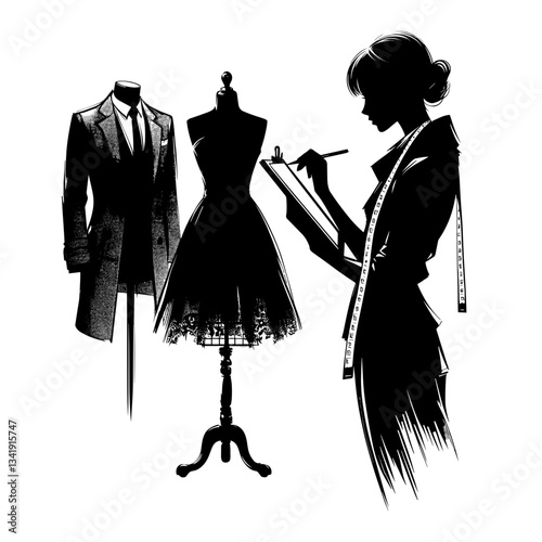 Fashion designer sketching dress on mannequin.
