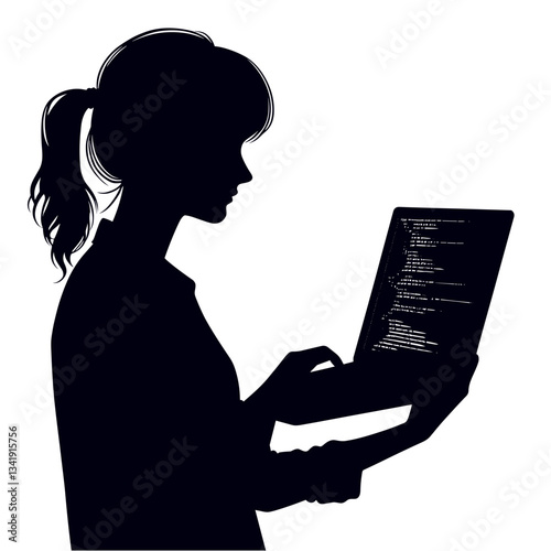 Silhouette woman using laptop against plain background.
