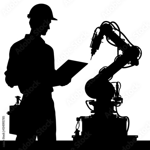 Man with robot arm checking instructions.
