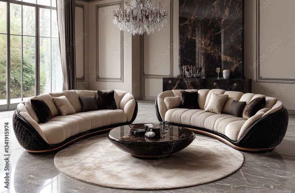 Fototapeta premium Luxurious curved sectional sofas in a grand living room with marble accents