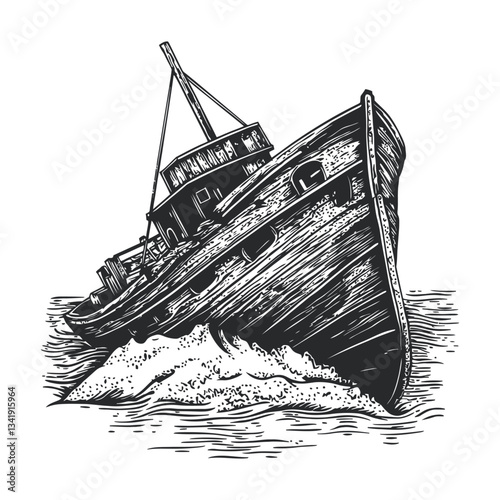 Vintage Woodcut of a Sinking Ship on Water, Nautical Artwork