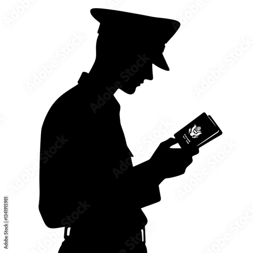 Silhouette of police officer checking passport against plain background.