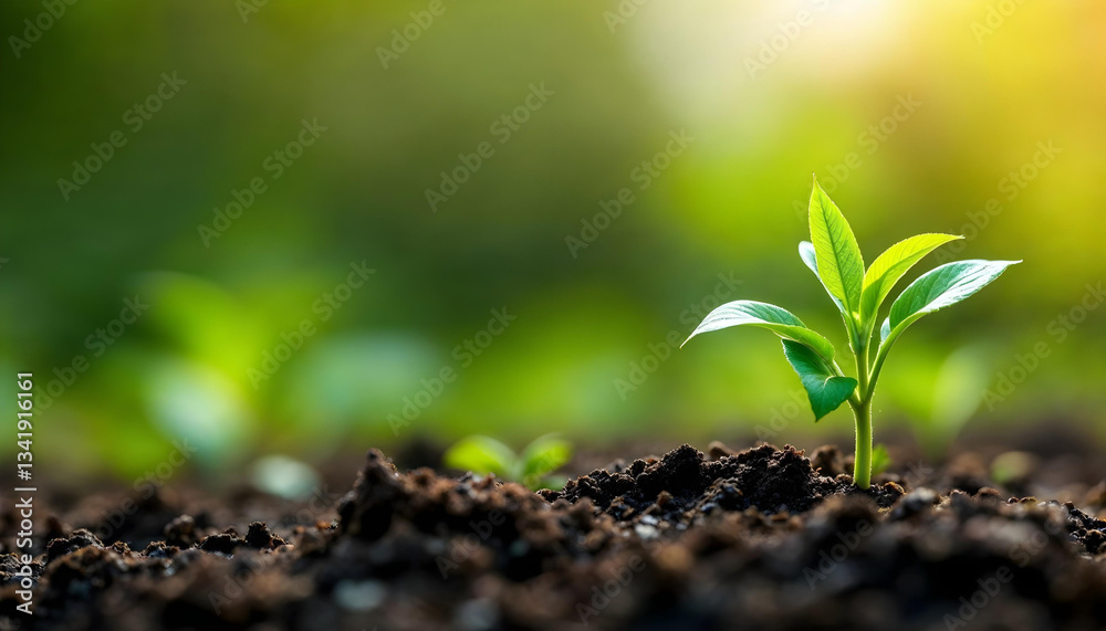 Green seedling, sprouting from dark rich soil, soft sunlight, bokeh background Green seedling, sprouting from dark rich soil, soft sunlight, bokeh background