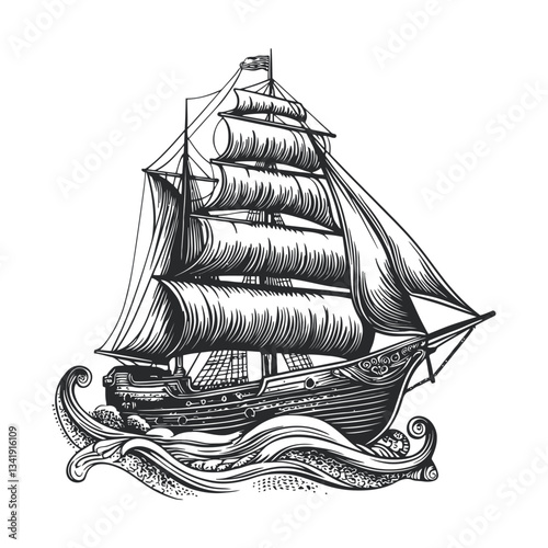 Intricate Woodcut Illustration of a Traditional Sailing Ship