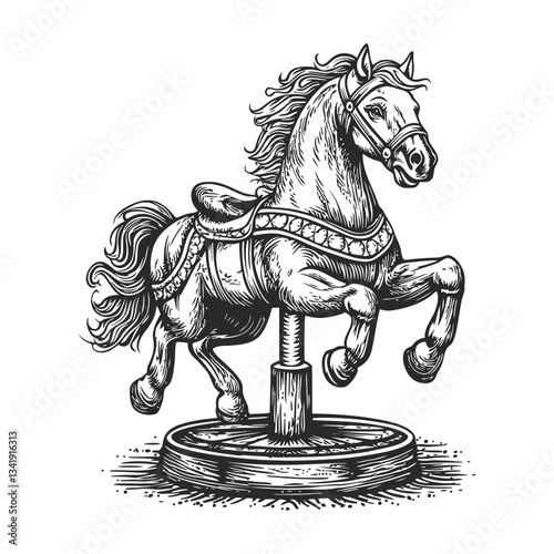 Vintage Woodcut Style Carousel Horse Illustration for Artistic Use