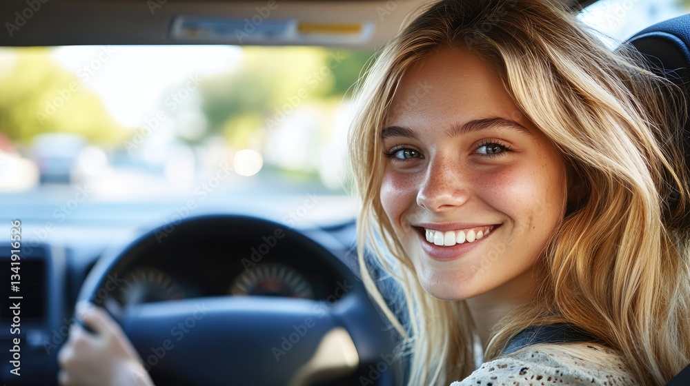 Young woman smiling while driving a car on a sunny day, with trees and blurred street in the background Young woman smiling while driving a car on a sunny day, with trees and blurred street in the background