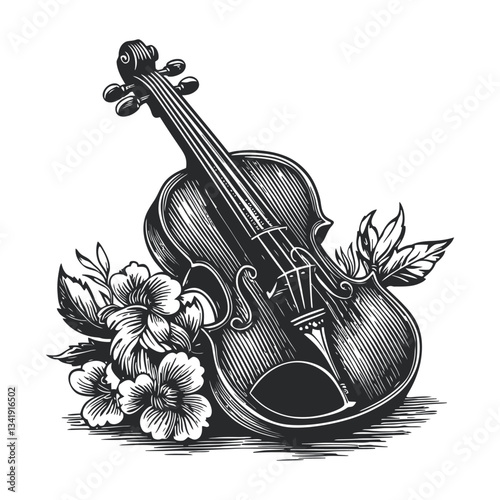 Elegant Woodcut of Violin Surrounded by Beautiful Flowers