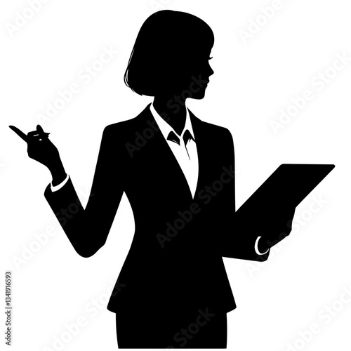 Silhouette of woman presenting with folder against white background