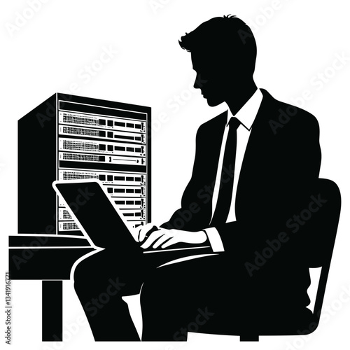 Businessman working on laptop and server

