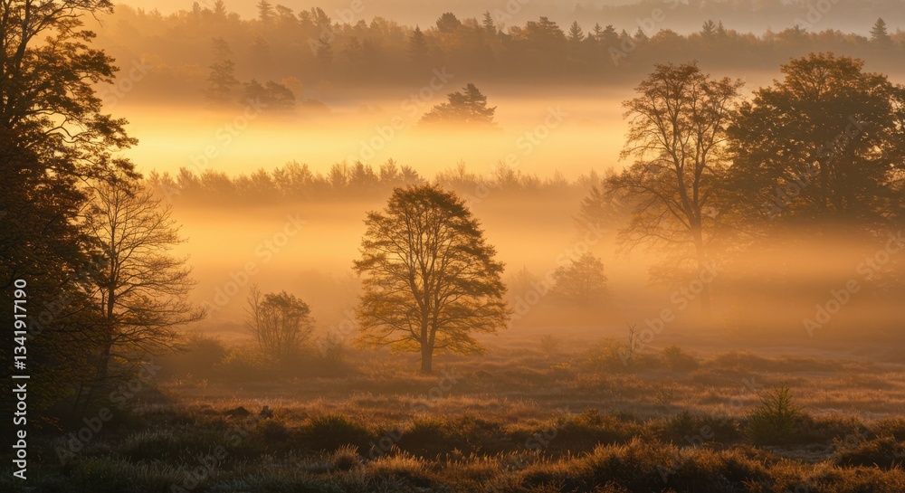Naklejka premium Serene Autumn Landscape at Dawn with Misty Forest and Sunlight
