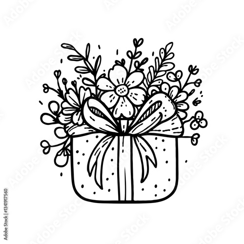 Gift box with bow and floral decoration, black and white illustration 
