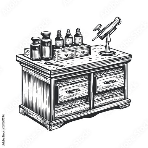 Vintage Wooden Table with Bottles and Scientific Instruments
