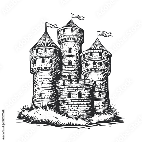 Detailed Woodcut Illustration of a Fortified Castle with Flags
