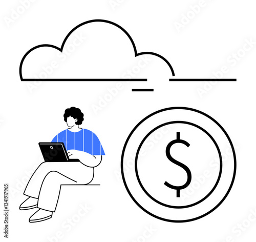 Man seated with laptop under cloud, next to dollar coin. Ideal for remote work, cloud banking, fintech, financial planning, technology innovation, digital economy online business. Flat simple