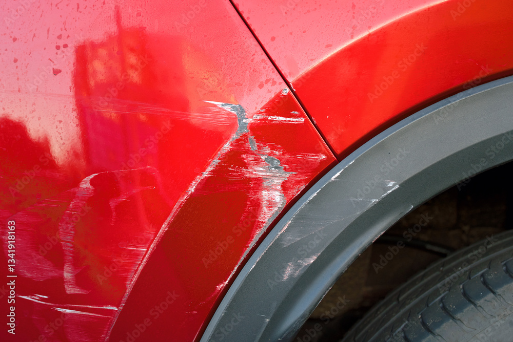 Car’s rear bumper with deep scratches, paint chips, and scuff marks, exterior damage and the necessity for repair and painting services. Car accident aftermath, minor dents and scratches