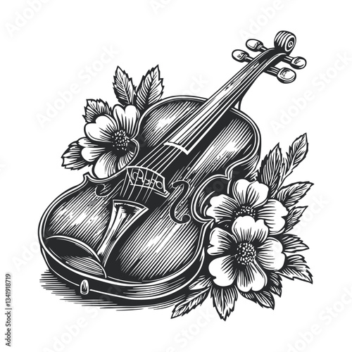 Elegant Woodcut of Violin with Floral Arrangement Design