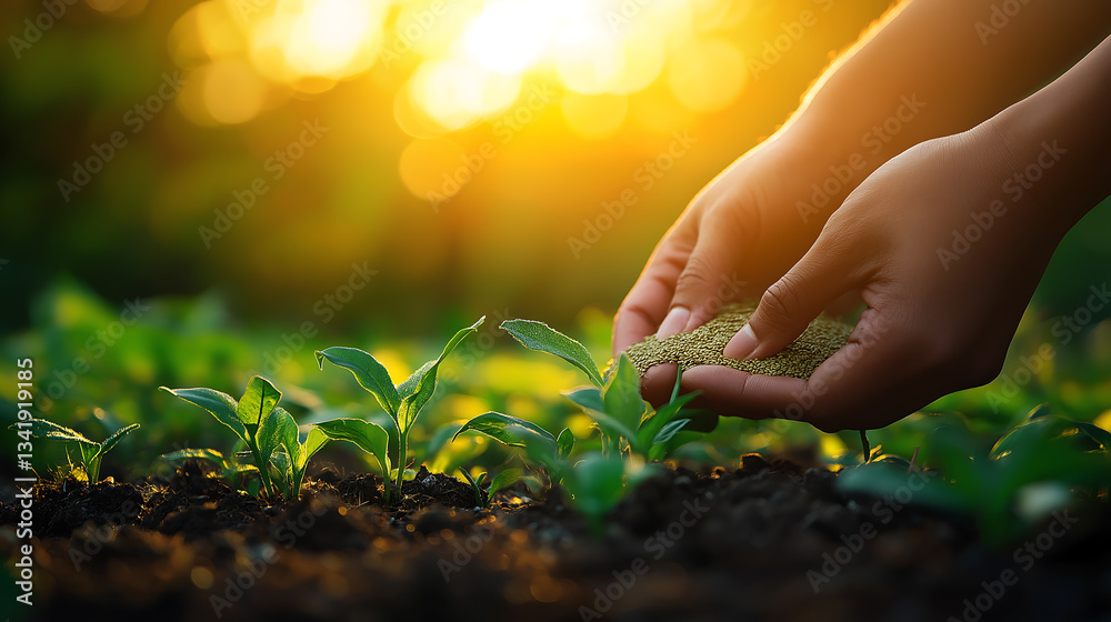 Fototapeta premium farmer planting seeds in field, background for environment, generative ai