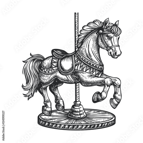 Vintage Woodcut Illustration of a Carousel Horse on a Merry-Go-Round