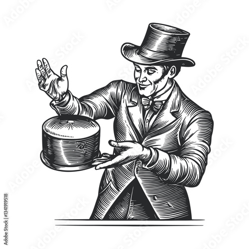 Vintage magician illustration performing classic trick with hat