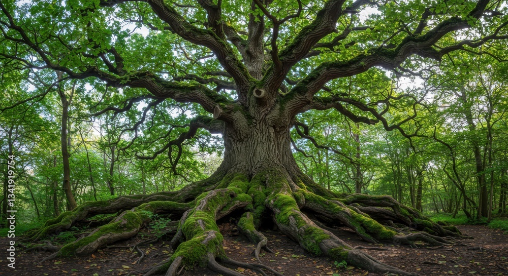 Fototapeta premium Majestic ancient tree with sprawling roots in a lush forest setting